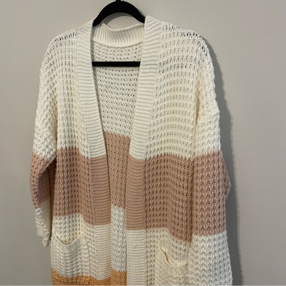 Handmade Cottagecore Knitted Colorblock Long Cardigan - Size L/XL - Picture 2 of 11